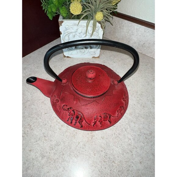 Red Cast Iron Elephant Design Teapot With Lid & Infuser - Unique Collectibl - Picture 5 of 6